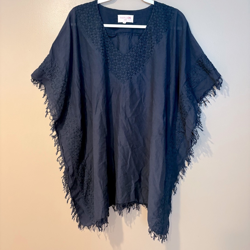3/$25 Papillon Mer Navy kimono boho beachy cotton Tunic with Fringe